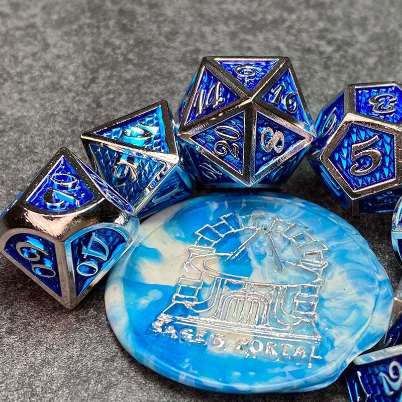 Sage's Dragonstones - True Silver Sapphire Scales Metal Polyhedral Dice - Sage's PortalMetal Dice Set