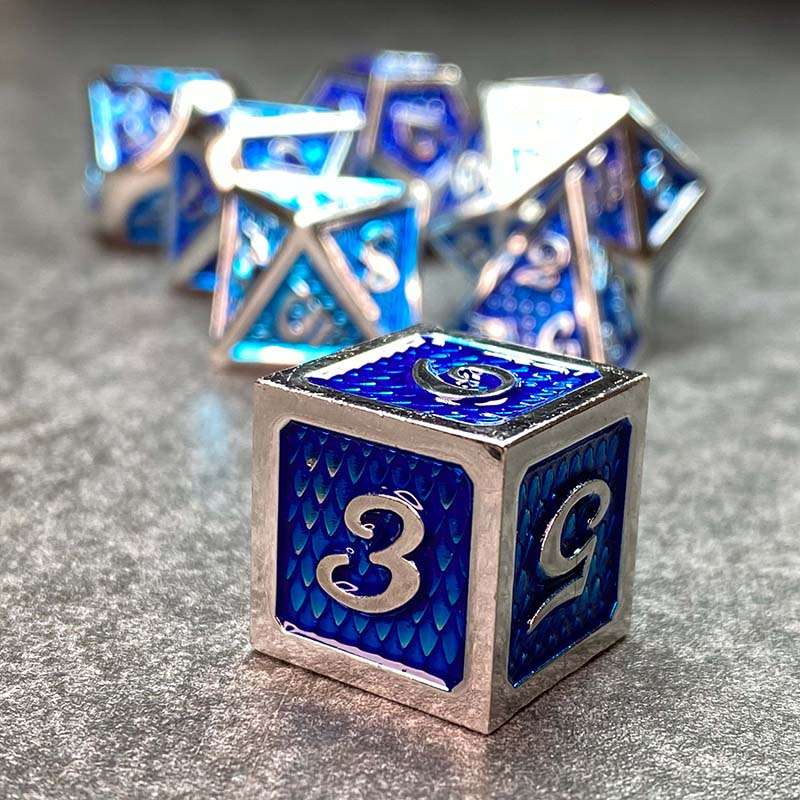 Sage's Dragonstones - True Silver Sapphire Scales Metal Polyhedral Dice - Sage's PortalMetal Dice Set