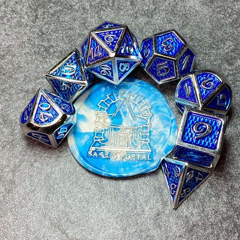 Sage's Dragonstones - True Silver Sapphire Scales Metal Polyhedral Dice - Sage's PortalMetal Dice Set