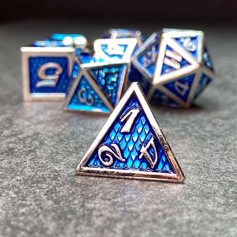 Sage's Dragonstones - True Silver Sapphire Scales Metal Polyhedral Dice - Sage's PortalMetal Dice Set