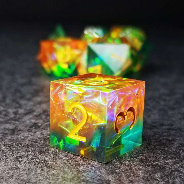 Sage's Enchanted Crystals Green/Peach Gold Ink Sharp Edge Resin Dice Set - Sage's PortalSharp Edge Resin Dice Set