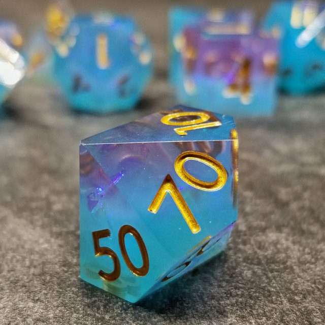 Sage's Enchanted Crystals Ice Blue Gold Ink Sharp Edge Resin Dice Set - Sage's PortalSharp Edge Resin Dice Set
