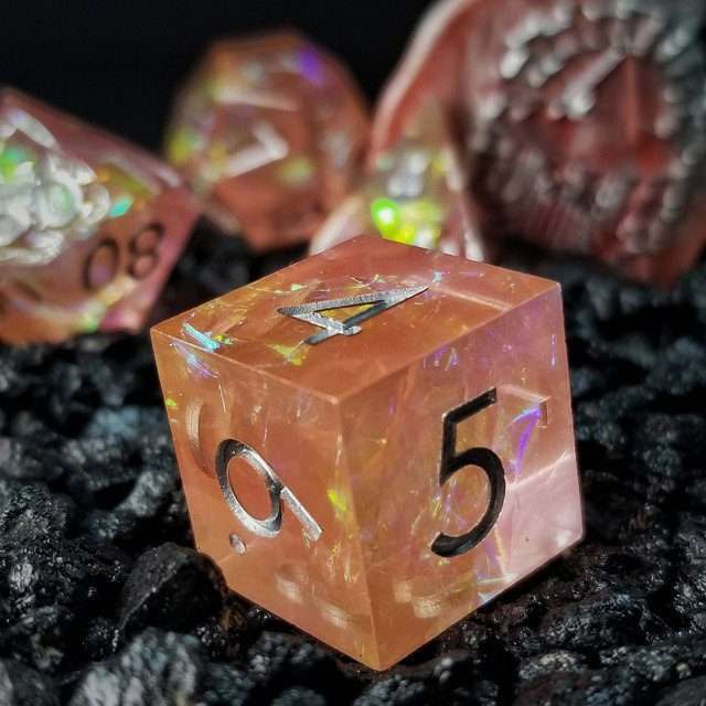 Sage's Enchanted Crystals Pink/Peach Silver Ink Sharp Edge Resin Dice Set - Sage's PortalSharp Edge Resin Dice Set