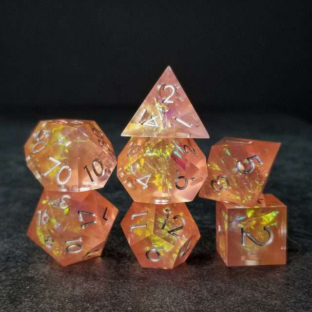 Sage's Enchanted Crystals Pink/Peach Silver Ink Sharp Edge Resin Dice Set - Sage's PortalSharp Edge Resin Dice Set