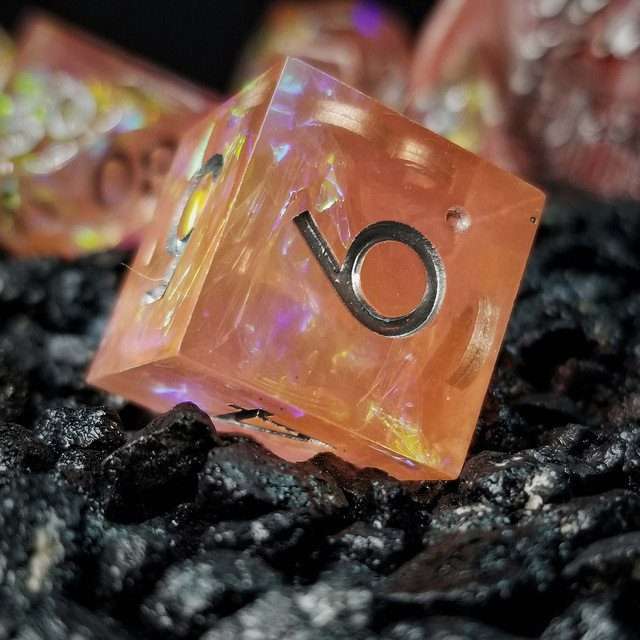 Sage's Enchanted Crystals Pink/Peach Silver Ink Sharp Edge Resin Dice Set - Sage's PortalSharp Edge Resin Dice Set