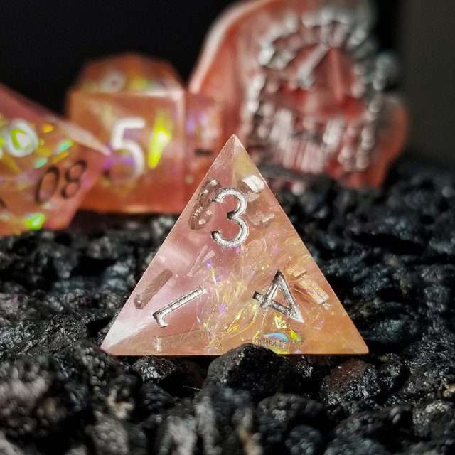 Sage's Enchanted Crystals Pink/Peach Silver Ink Sharp Edge Resin Dice Set - Sage's PortalSharp Edge Resin Dice Set