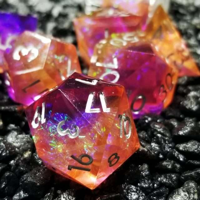 Sage's Enchanted Crystals Purple/Orange Sharp Edge Resin Dice Set - Sage's PortalSharp Edge Resin Dice Set