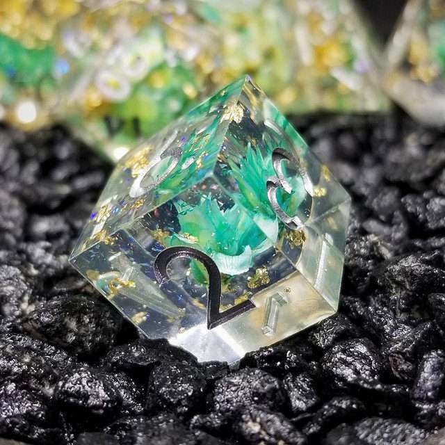 Sage’s Enchanted Flower Cyan Sharp Edge Resin Polyhedral Dice Set - Sage's PortalSharp Edge Resin Dice Set