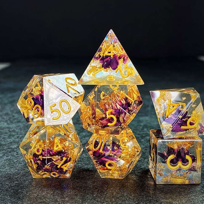 Sage's Enchanted Flower Purple Sharp Edge Resin Polyhedral Dice Set - Sage's PortalSharp Edge Resin Dice Set