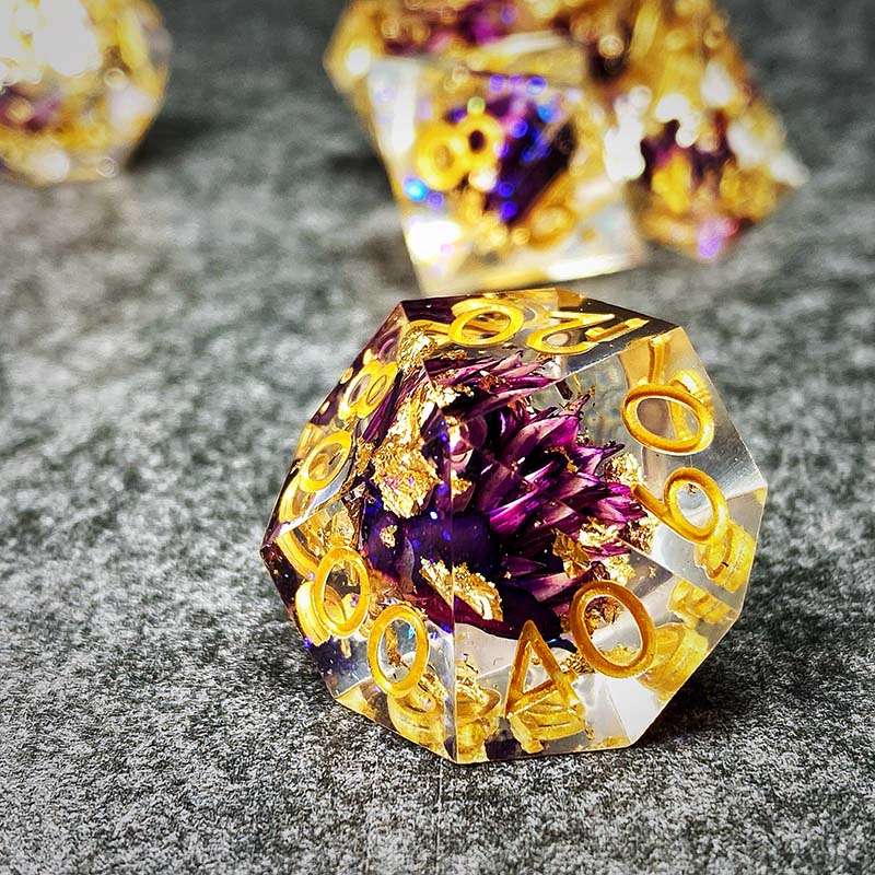 Sage's Enchanted Flower Purple Sharp Edge Resin Polyhedral Dice Set - Sage's PortalSharp Edge Resin Dice Set