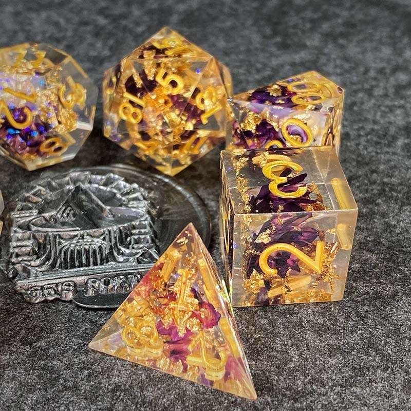 Sage's Enchanted Flower Purple Sharp Edge Resin Polyhedral Dice Set - Sage's PortalSharp Edge Resin Dice Set