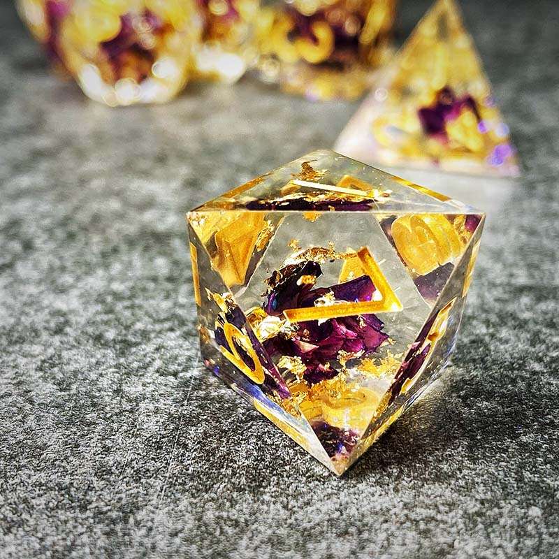 Sage's Enchanted Flower Purple Sharp Edge Resin Polyhedral Dice Set - Sage's PortalSharp Edge Resin Dice Set