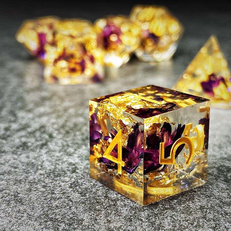 Sage's Enchanted Flower Purple Sharp Edge Resin Polyhedral Dice Set - Sage's PortalSharp Edge Resin Dice Set