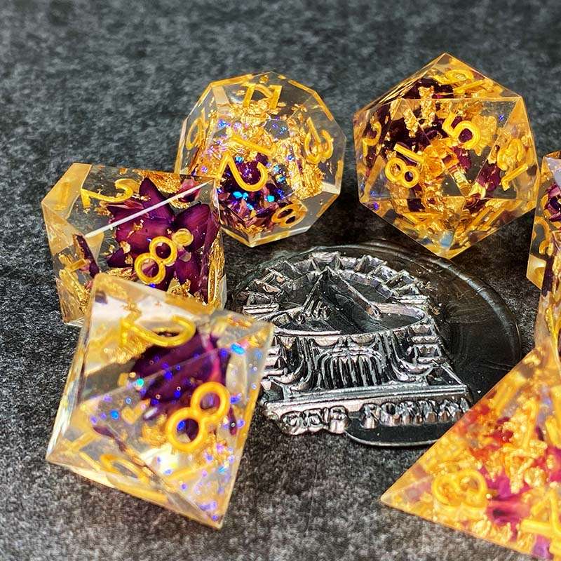 Sage's Enchanted Flower Purple Sharp Edge Resin Polyhedral Dice Set - Sage's PortalSharp Edge Resin Dice Set