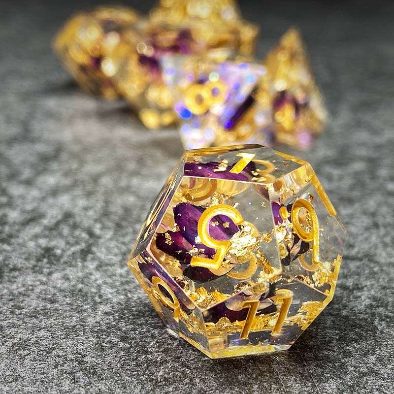 Sage's Enchanted Flower Purple Sharp Edge Resin Polyhedral Dice Set - Sage's PortalSharp Edge Resin Dice Set