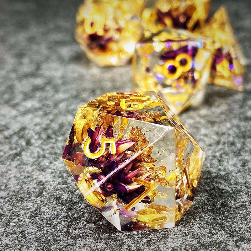 Sage's Enchanted Flower Purple Sharp Edge Resin Polyhedral Dice Set - Sage's PortalSharp Edge Resin Dice Set