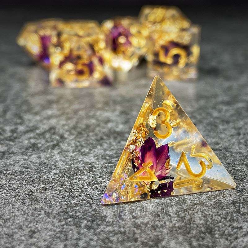 Sage's Enchanted Flower Purple Sharp Edge Resin Polyhedral Dice Set - Sage's PortalSharp Edge Resin Dice Set