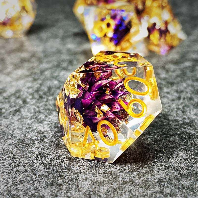 Sage's Enchanted Flower Purple Sharp Edge Resin Polyhedral Dice Set - Sage's PortalSharp Edge Resin Dice Set