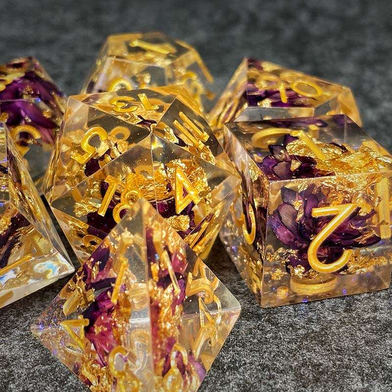 Sage's Enchanted Flower Purple Sharp Edge Resin Polyhedral Dice Set - Sage's PortalSharp Edge Resin Dice Set