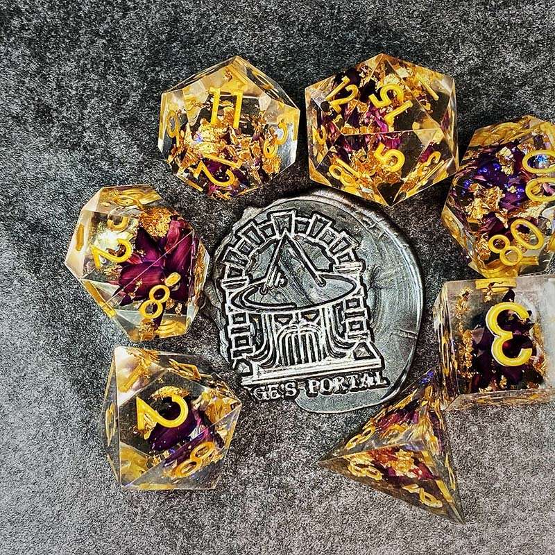 Sage's Enchanted Flower Purple Sharp Edge Resin Polyhedral Dice Set - Sage's PortalSharp Edge Resin Dice Set