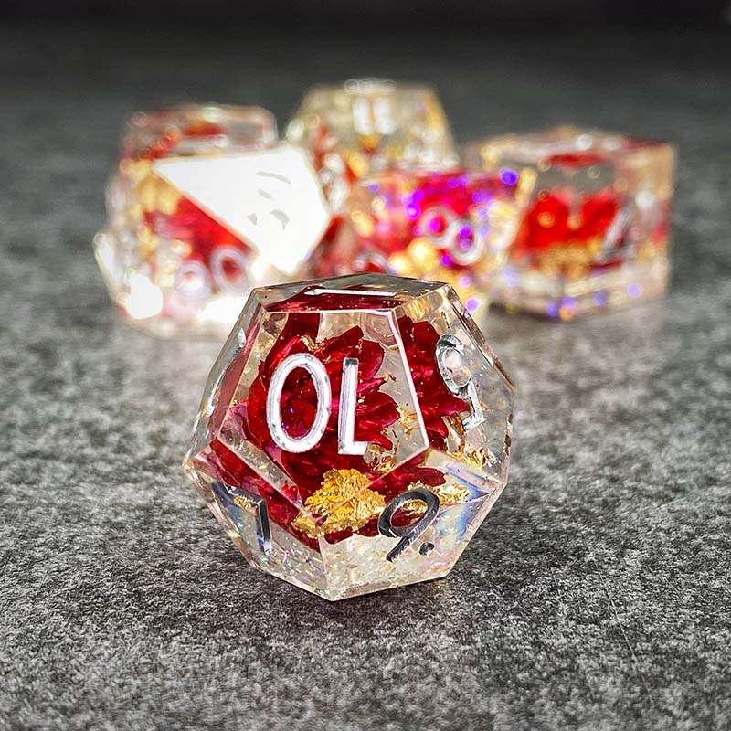 Sage’s Enchanted Flower Red/Silver Ink Sharp Edge Resin Polyhedral Dice Set - Sage's PortalSharp Edge Resin Dice Set