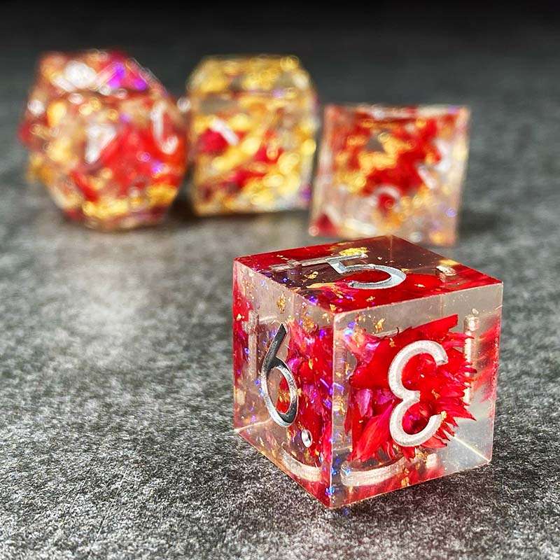 Sage’s Enchanted Flower Red/Silver Ink Sharp Edge Resin Polyhedral Dice Set - Sage's PortalSharp Edge Resin Dice Set