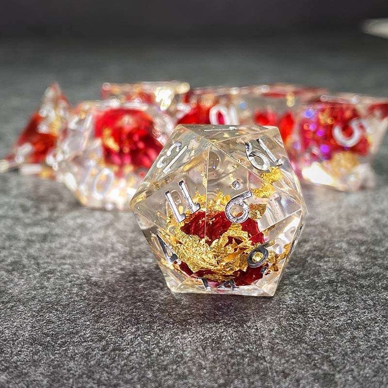 Sage’s Enchanted Flower Red/Silver Ink Sharp Edge Resin Polyhedral Dice Set - Sage's PortalSharp Edge Resin Dice Set