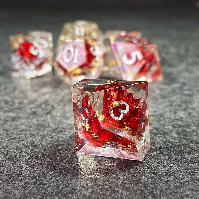 Sage’s Enchanted Flower Red/Silver Ink Sharp Edge Resin Polyhedral Dice Set - Sage's PortalSharp Edge Resin Dice Set