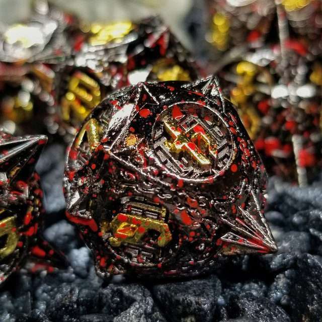Sage's Enchanted Morningstars - Black/Gold/Blood Metal Polyhedral Dice Set - Sage's PortalMetal Dice Set