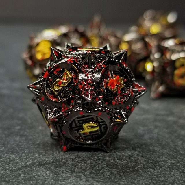 Sage's Enchanted Morningstars - Black/Gold/Blood Metal Polyhedral Dice Set - Sage's PortalMetal Dice Set