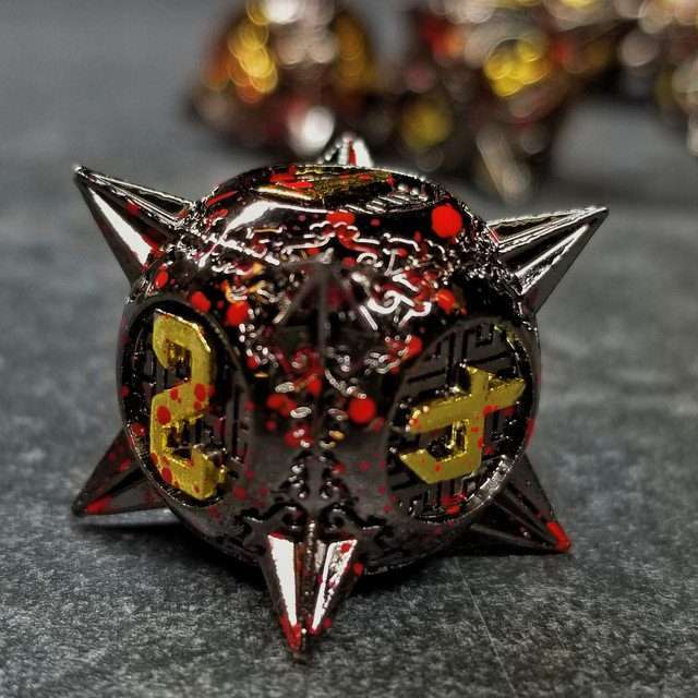 Sage's Enchanted Morningstars - Black/Gold/Blood Metal Polyhedral Dice Set - Sage's PortalMetal Dice Set