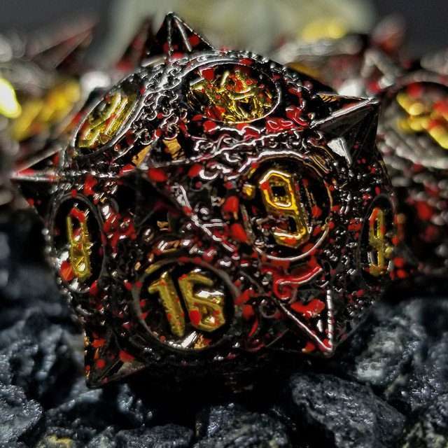 Sage's Enchanted Morningstars - Black/Gold/Blood Metal Polyhedral Dice Set - Sage's PortalMetal Dice Set
