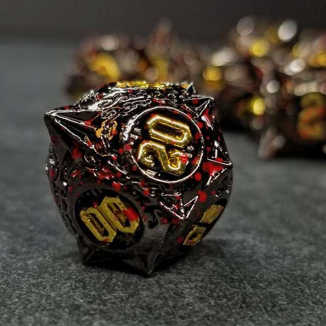 Sage's Enchanted Morningstars - Black/Gold/Blood Metal Polyhedral Dice Set - Sage's PortalMetal Dice Set