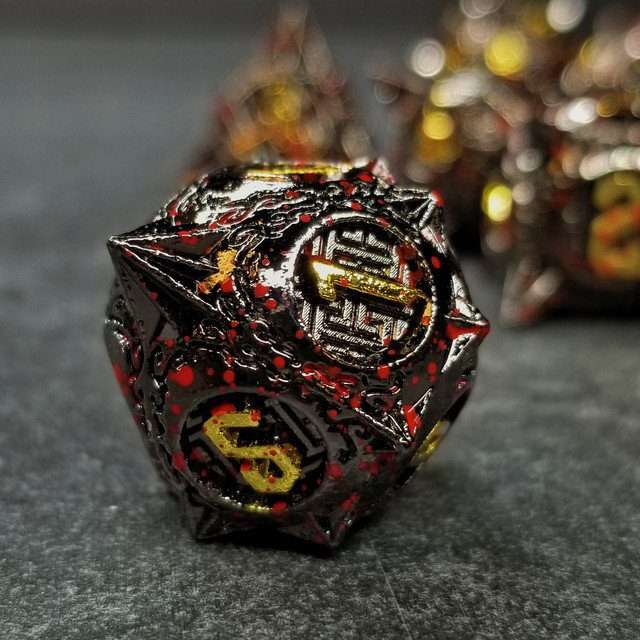 Sage's Enchanted Morningstars - Black/Gold/Blood Metal Polyhedral Dice Set - Sage's PortalMetal Dice Set