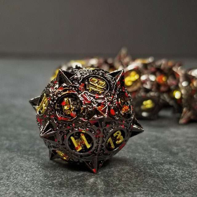Sage's Enchanted Morningstars - Black/Gold/Blood Metal Polyhedral Dice Set - Sage's PortalMetal Dice Set