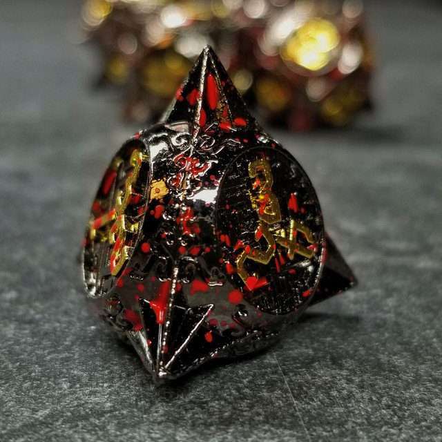 Sage's Enchanted Morningstars - Black/Gold/Blood Metal Polyhedral Dice Set - Sage's PortalMetal Dice Set