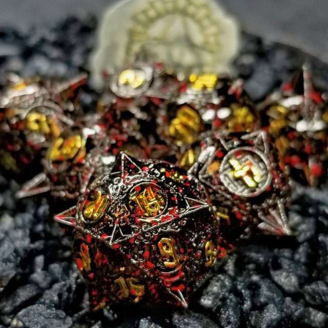 Sage's Enchanted Morningstars - Black/Gold/Blood Metal Polyhedral Dice Set - Sage's PortalMetal Dice Set