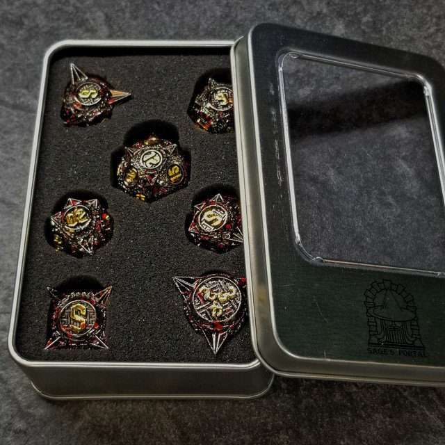 Sage's Enchanted Morningstars - Black/Gold/Blood Metal Polyhedral Dice Set - Sage's PortalMetal Dice Set