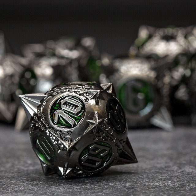 Sage's Enchanted Morningstars - Nickel/Green Metal Polyhedral Dice Set - Sage's PortalMetal Dice Set