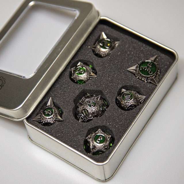 Sage's Enchanted Morningstars - Nickel/Green Metal Polyhedral Dice Set - Sage's PortalMetal Dice Set