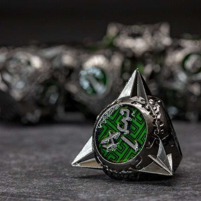 Sage's Enchanted Morningstars - Nickel/Green Metal Polyhedral Dice Set - Sage's PortalMetal Dice Set