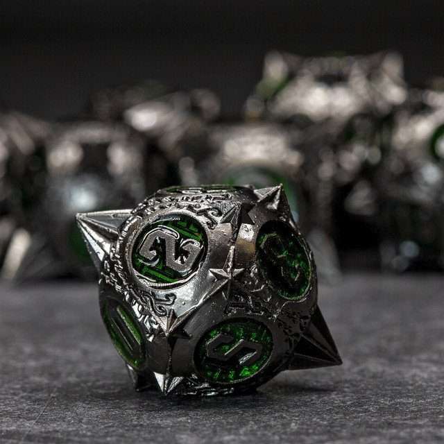 Sage's Enchanted Morningstars - Nickel/Green Metal Polyhedral Dice Set - Sage's PortalMetal Dice Set