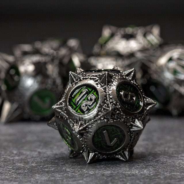 Sage's Enchanted Morningstars - Nickel/Green Metal Polyhedral Dice Set - Sage's PortalMetal Dice Set