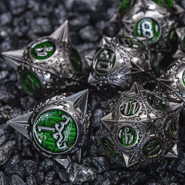 Sage's Enchanted Morningstars - Nickel/Green Metal Polyhedral Dice Set - Sage's PortalMetal Dice Set