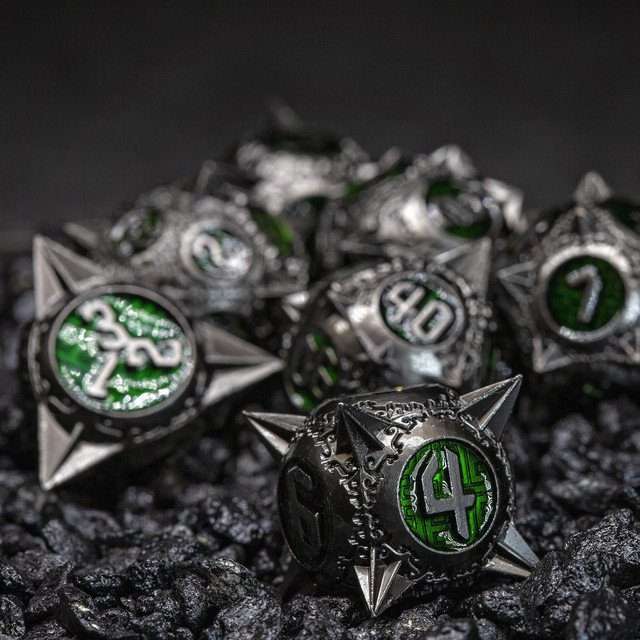 Sage's Enchanted Morningstars - Nickel/Green Metal Polyhedral Dice Set - Sage's PortalMetal Dice Set