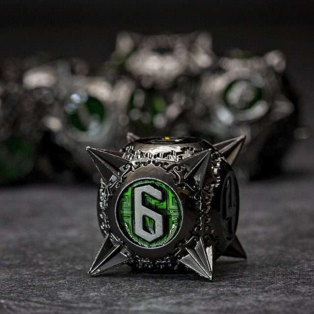 Sage's Enchanted Morningstars - Nickel/Green Metal Polyhedral Dice Set - Sage's PortalMetal Dice Set