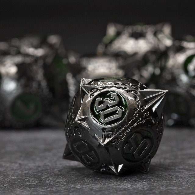 Sage's Enchanted Morningstars - Nickel/Green Metal Polyhedral Dice Set - Sage's PortalMetal Dice Set