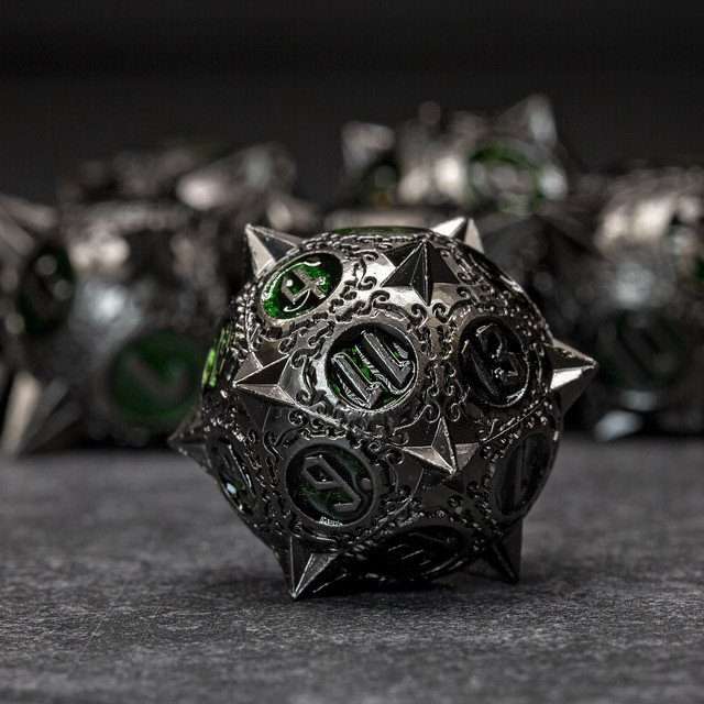 Sage's Enchanted Morningstars - Nickel/Green Metal Polyhedral Dice Set - Sage's PortalMetal Dice Set