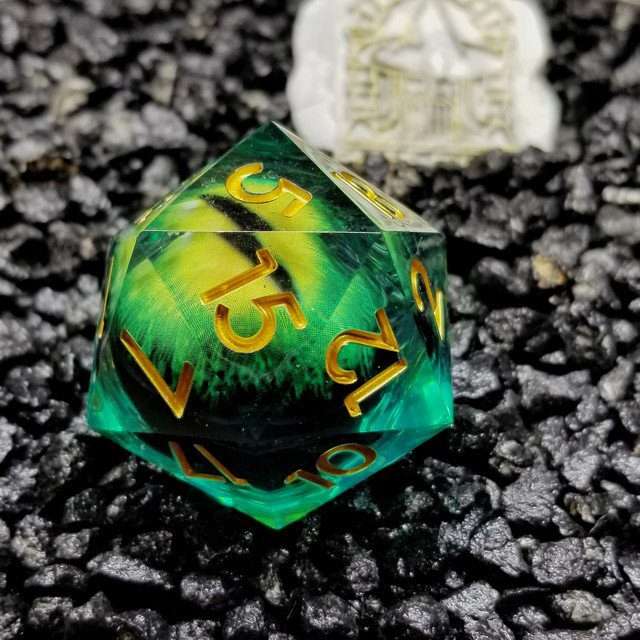 Sage's Eye of the Serpent Jiggling Green Eye Resin 33mm D20 - Sage's PortalLiquid Core Dice Set