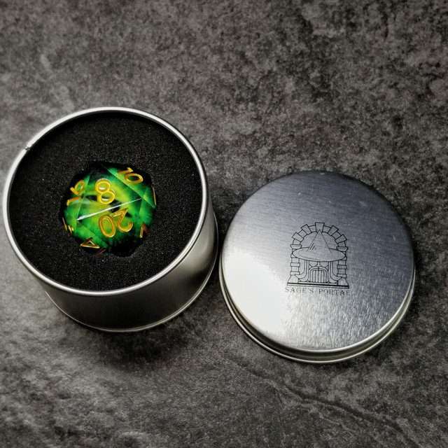Sage's Eye of the Serpent Jiggling Green Eye Resin 33mm D20 - Sage's PortalLiquid Core Dice Set